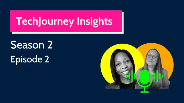 Tech Journey Insights Season 2 Episode 2 podcast graphic featuring co-hosts Beverly Clarke MBE and Rebecca Franks.