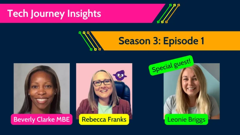 Tech Journey Insights Season 3 Episode 1 graphic featuring hosts Beverly Clarke MBE and Rebecca Franks with special guest Leonie Briggs.