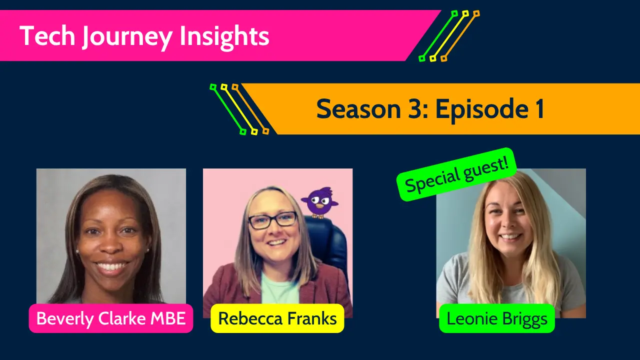Tech Journey Insights Season 3 Episode 1 graphic featuring hosts Beverly Clarke MBE and Rebecca Franks with special guest Leonie Briggs.