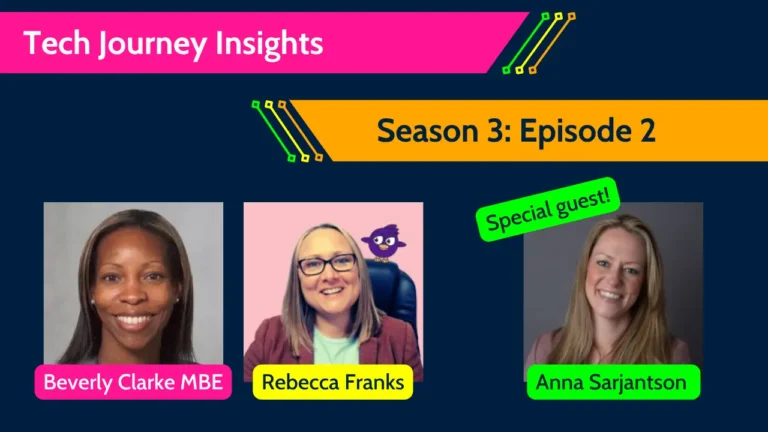 Tech Journey Insights Season 3 Episode 2 graphic featuring Beverly Clarke MBE, Rebecca Franks and special guest Anna Sarjantson.