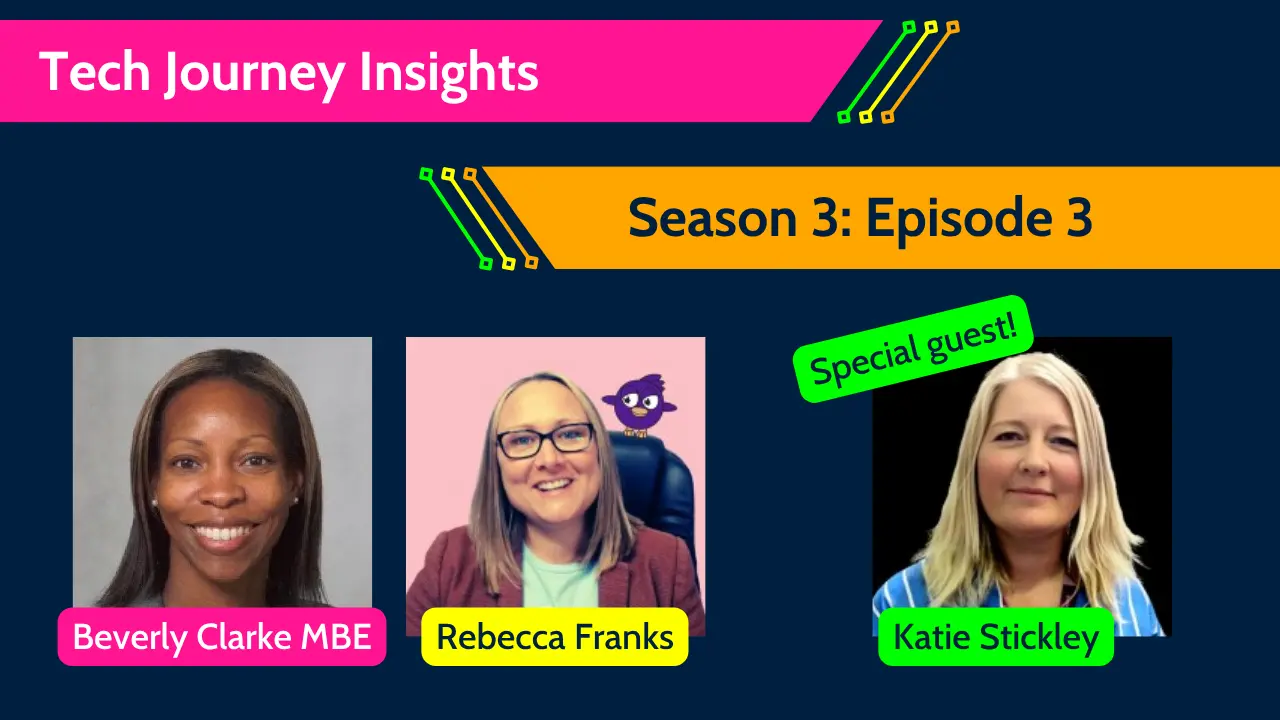 Tech Journey Insights Season 3 Episode 3 podcast graphic with Beverly Clarke MBE, Rebecca Franks and special guest Katie Stickley.