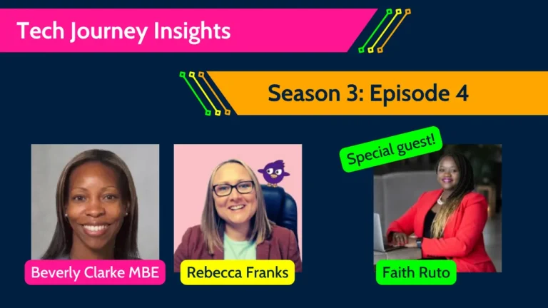 Tech Journey Insights Season 3 Episode 4 image featuring hosts Beverly Clarke MBE and Rebecca Franks with special guest Faith Ruto.