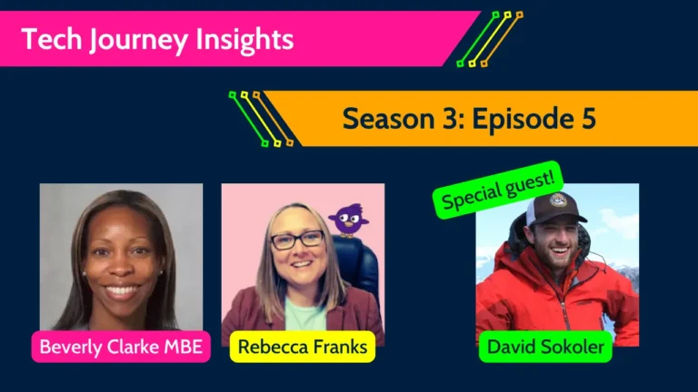 Tech Journey Insights Season 3 Episode 5 graphic featuring Beverly Clarke MBE, Rebecca Franks and special guest David Sokoler.