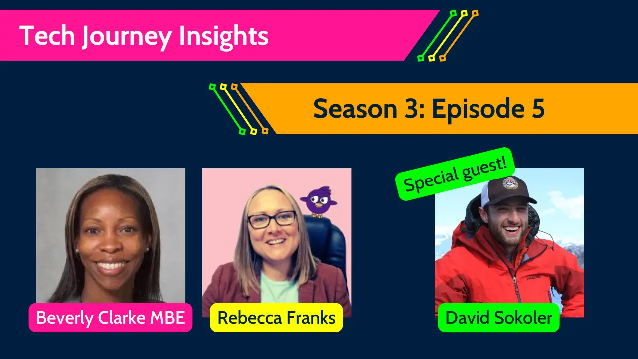 Tech Journey Insights Season 3 Episode 5 graphic featuring Beverly Clarke MBE, Rebecca Franks and special guest David Sokoler.