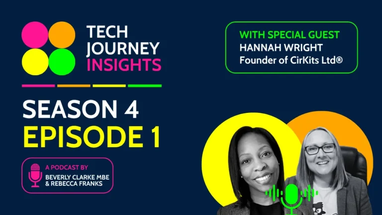 Tech Journey Insights Season 4 Episode 1 podcast graphic featuring hosts Beverly Clarke MBE and Rebecca Franks with special guest Hannah Wright.