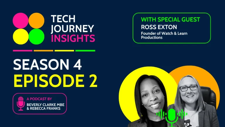 Tech Journey Insights Season 4 Episode 2 podcast graphic featuring Beverly Clarke MBE, Rebecca Franks and special guest Ross Exton.