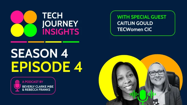 Tech Journey Insights Season 4 Episode 4 graphic featuring hosts Beverly Clarke MBE and Rebecca Franks with special guest Caitlin Gould.
