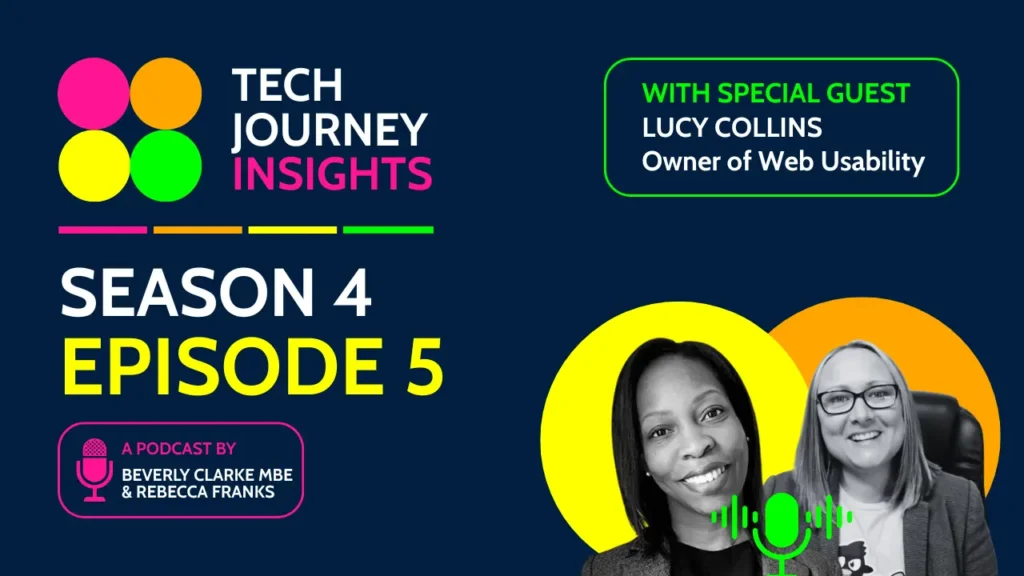 Tech Journey Insights Season 4 Episode 5 podcast graphic featuring Beverly Clarke MBE, Rebecca Franks and special guest Lucy Collins.