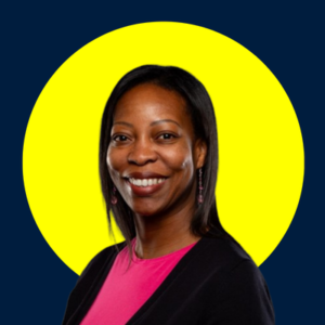 Beverly Clarke MBE in front of a yellow circle.